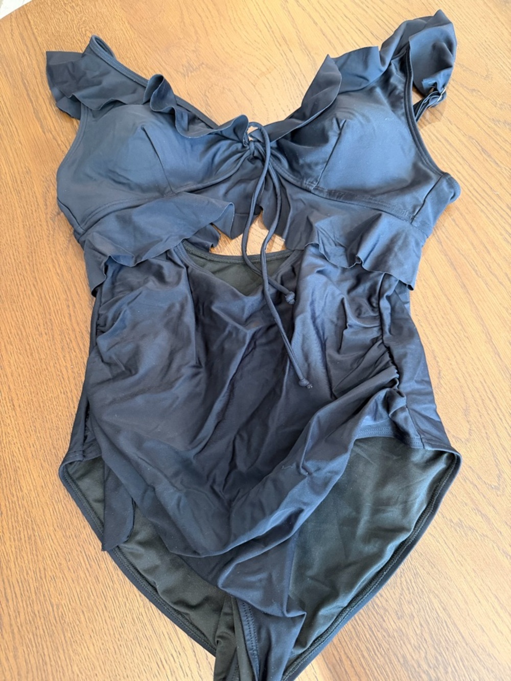 Black Ruffle One-Piece Swimsuit with Tie Front
